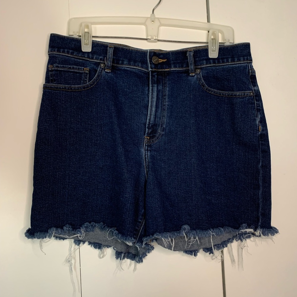 High-Rise Dark Wash Raw Hem Express Shorts